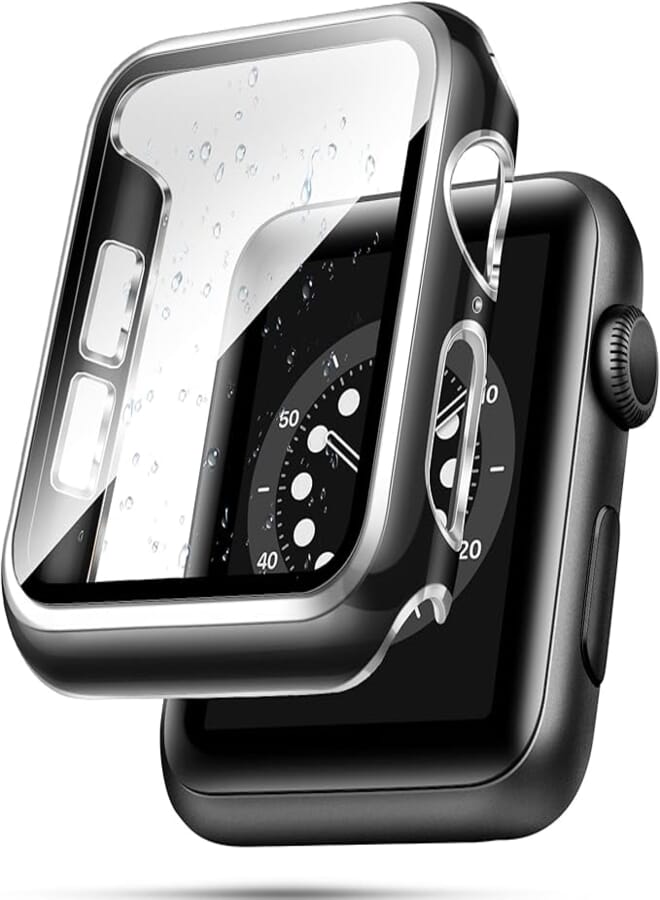 top4cus 45mm Case Compatible with Apple Watch, with Built-in Tempered Glass Screen Protector, PC Cover for iWatch Series 9/8/7/SE 2rd SE 6 5 4/3 2 for Choice (45mm, Black + Silver edge)